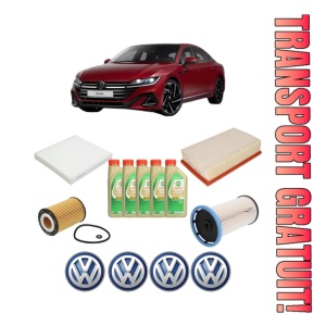 Set Pachet filtre revizie Bosch, 5 litrii ulei Castrol 5W30 Volkswagen ARTEON (3H7, 3H8) 2.0 TDI din 2017-2020, 4x Stickere auto cu Volkswagen