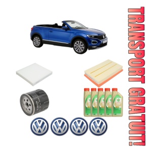 Set Pachet filtre revizie Bosch, 5 litrii ulei Castrol 5W30 Volkswagen T-ROC Convertible (AC7, AC8) 1.5 TSI din 2019, 4x Stickere auto cu Volkswagen