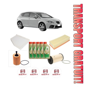 Set Pachet filtre revizie Bosch, 5 litrii ulei Castrol 5W40 SEAT LEON (1P1) 1.9 TDI din 2005-2010, 4x Stickere auto cu SEAT