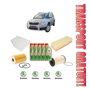 Set Pachet filtre revizie Bosch, 5 litrii ulei Castrol 5W40 SKODA YETI (5L) 2.0 TDI din 2009-2017, 4x Stickere auto cu SKODA