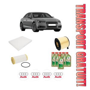 Set Pachet filtre revizie Bosch, 6 litrii ulei Castrol 0W20 AUDI A4 B9 (8W2, 8WC) 40 TFSI Mild Hybrid quattro din 2020, 4x Stickere auto cu AUDI
