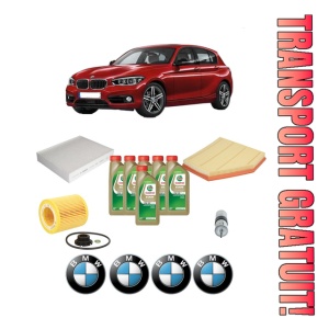 Set Pachet filtre revizie Bosch, 6 litrii ulei Castrol 0W20 BMW Seria 1 (F20) 125 i din 2016-2019, 4x Stickere auto cu BMW