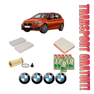 Set Pachet filtre revizie Bosch, 6 litrii ulei Castrol 0W20 BMW Seria 2 Gran Tourer (F46) 220 i din 2020, 4x Stickere auto cu BMW