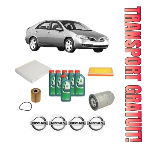 Set Pachet filtre revizie Bosch, 6 litrii ulei Castrol 10W40 NISSAN PRIMERA (P12) 2.2 dCi din 2003-2006, 4x Stickere auto cu NISSAN