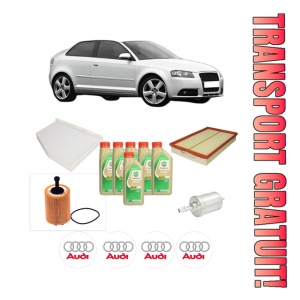 Set Pachet filtre revizie Bosch, 6 litrii ulei Castrol 5W30 AUDI A3 (8P1) 3.2 V6 quattro din 2003-2009, 4x Stickere auto cu AUDI