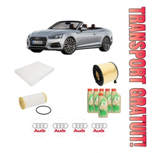 Set Pachet filtre revizie Bosch, 6 litrii ulei Castrol 5W30 AUDI A5 Convertible (F57, F5E) 2.0 TFSI quattro din 2016, 4x Stickere auto cu AUDI