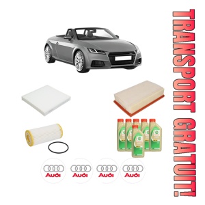 Set Pachet filtre revizie Bosch, 6 litrii ulei Castrol 5W30 AUDI TT Roadster (FV9, FVR) 2.0 TFSI quattro din 2014, 4x Stickere auto cu AUDI