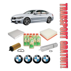 Set Pachet filtre revizie Bosch, 6 litrii ulei Castrol 5W30 BMW Seria 4 Gran Coupe (F36) 420 d xDrive din 2014-2015, 4x Stickere auto cu BMW