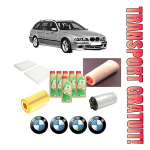 Set Pachet filtre revizie Bosch, 6 litrii ulei Castrol 5W30 BMW Seria 5 Touring (E39) 520 d din 2000-2003, 4x Stickere auto cu BMW