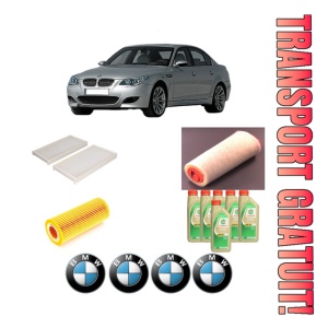 Set Pachet filtre revizie Bosch, 6 litrii ulei Castrol 5W30 BMW Seria 5 (E60) 520 d din 2005-2007, 4x Stickere auto cu BMW