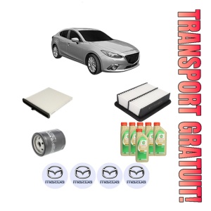 Set Pachet filtre revizie Bosch, 6 litrii ulei Castrol 5W30 MAZDA 3 Hatchback (BP) 1.8 SKYACTIV-D din 2019, 4x Stickere auto cu MAZDA