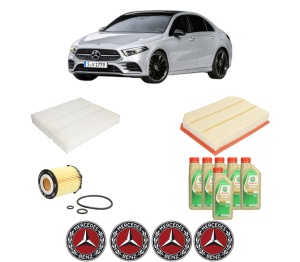 Set Pachet filtre revizie Bosch, 6 litrii ulei Castrol 5W30 MERCEDES-BENZ A-CLASS Saloon (V177) A 250 4-matic (177.147) din 2018, 4x Stickere auto cu MERCEDES-BENZ - Img 2