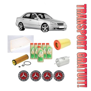 Set Pachet filtre revizie Bosch, 6 litrii ulei Castrol 5W30 MERCEDES-BENZ C-CLASS (W203) C 200 CGI Kompressor (203.043) din 2003-2007, 4x Stickere auto cu MERCEDES-BENZ