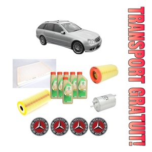 Set Pachet filtre revizie Bosch, 6 litrii ulei Castrol 5W30 MERCEDES-BENZ C-CLASS T-Model (S203) C 230 Kompressor (203.240) din 2004-2007, 4x Stickere auto cu MERCEDES-BENZ