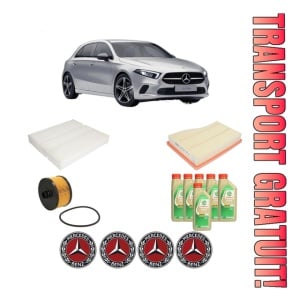 Set Pachet filtre revizie Bosch, 6 litrii ulei Castrol 5W30 MERCEDES-BENZ A-CLASS (W177) A 200 (177.087) din 2018, 4x Stickere auto cu MERCEDES-BENZ