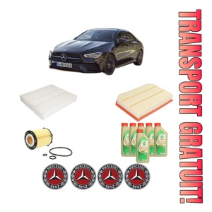 Set Pachet filtre revizie Bosch, 6 litrii ulei Castrol 5W30 MERCEDES-BENZ CLA (C118) CLA 220 4-matic (118.345) din 2019, 4x Stickere auto cu MERCEDES-BENZ