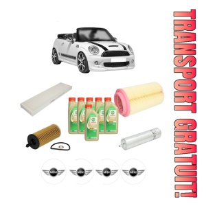Set Pachet filtre revizie Bosch, 6 litrii ulei Castrol 5W30 MINI MINI Convertible (R57) Cooper D din 2009-2013, 4x Stickere auto cu MINI