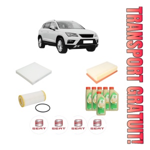 Set Pachet filtre revizie Bosch, 6 litrii ulei Castrol 5W30 SEAT ATECA (KH7, KHP) 2.0 TSI 4Drive din 2017, 4x Stickere auto cu SEAT
