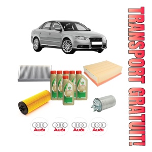 Set Pachet filtre revizie Bosch, 6 litrii ulei Castrol 5W40 AUDI A4 B7 (8EC) 2.5 TDI din 2004-2006, 4x Stickere auto cu AUDI