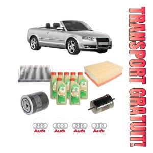 Set Pachet filtre revizie Bosch, 7 litrii ulei Castrol 5W30 AUDI A4 B6 Convertible (8H7) 3.0 quattro din 2003-2005, 4x Stickere auto cu AUDI