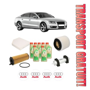 Set Pachet filtre revizie Bosch, 7 litrii ulei Castrol 5W30 AUDI A5 Sportback (8TA) 2.7 TDI din 2009-2012, 4x Stickere auto cu AUDI