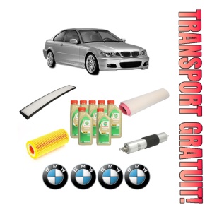 Set Pachet filtre revizie Bosch, 7 litrii ulei Castrol 5W30 BMW Seria 3 Coupe (E46) 330 Cd din 2003-2006, 4x Stickere auto cu BMW