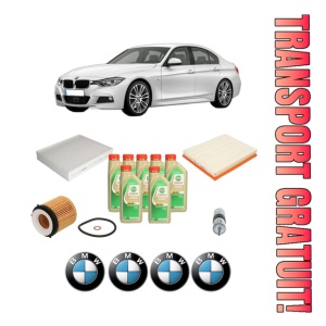 Set Pachet filtre revizie Bosch, 7 litrii ulei Castrol 5W30 BMW Seria 3 (F30, F80) 335 i xDrive din 2012-2013, 4x Stickere auto cu BMW