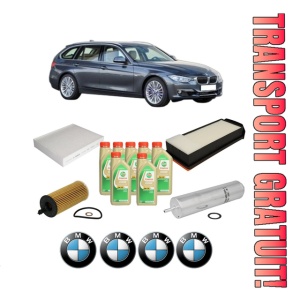 Set Pachet filtre revizie Bosch, 7 litrii ulei Castrol 5W30 BMW Seria 3 Touring (F31) 330 d M Performance Power Kit xDrive din 2013-2019, 4x Stickere auto cu BMW