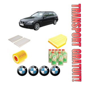 Set Pachet filtre revizie Bosch, 7 litrii ulei Castrol 5W30 BMW Seria 5 Touring (E61) 523 i din 2004-2007, 4x Stickere auto cu BMW