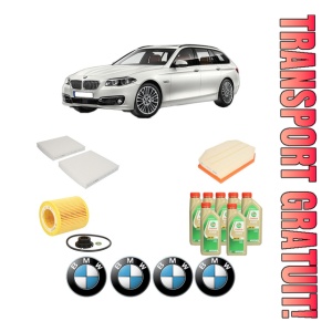 Set Pachet filtre revizie Bosch, 7 litrii ulei Castrol 5W30 BMW Seria 5 Touring (F11) 523 i din 2009-2011, 4x Stickere auto cu BMW
