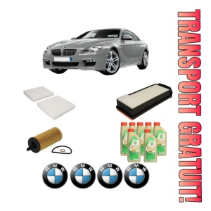 Set Pachet filtre revizie Bosch, 7 litrii ulei Castrol 5W30 BMW Seria 6 Coupe (F13) 640 d xDrive din 2012-2017, 4x Stickere auto cu BMW