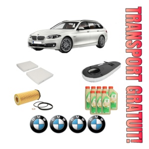 Set Pachet filtre revizie Bosch, 8 litrii ulei Castrol 5W30 BMW Seria 5 Touring (F11) 530 d din 2010-2011, 4x Stickere auto cu BMW