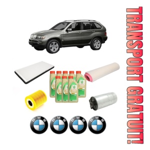 Set Pachet filtre revizie Bosch, 8 litrii ulei Castrol 5W30 BMW Seria X5 (E53) 3.0 d din 2001-2003, 4x Stickere auto cu BMW