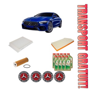 Set Pachet filtre revizie Bosch, 9 litrii ulei Castrol 0W20 MERCEDES-BENZ AMG GT (X290) 53 EQ Boost 4-matic+ (290.661) din 2018, 4x Stickere auto cu MERCEDES-BENZ
