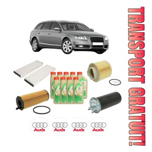 Set Pachet filtre revizie Bosch, 9 litrii ulei Castrol 5W30 AUDI A6 C6 Avant (4F5) 2.7 TDI din 2005-2011, 4x Stickere auto cu AUDI