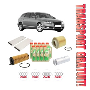Set Pachet filtre revizie Bosch, 9 litrii ulei Castrol 5W30 AUDI A6 C6 Avant (4F5) 2.7 TDI quattro din 2008-2011, 4x Stickere auto cu AUDI