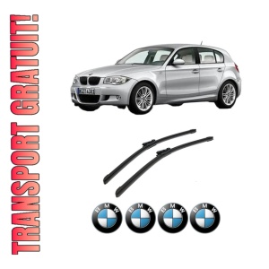 Set stergatoare auto BMW Seria 1 (E81) din 2006-2012, pentru parbriz auto, 2 bucati, Bosch Aerotwin, din cauciuc siliconat rezistent, 4 Stickere Auto BMW Seria