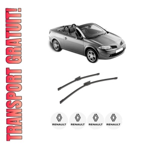 Set stergatoare auto RENAULT MEGANE II Coupé-Cabriolet (EM0/1_) din 2003-2009, pentru parbriz auto, 2 bucati, Bosch Aerotwin, din cauciuc siliconat rezistent, 4 Stickere Auto RENAULT