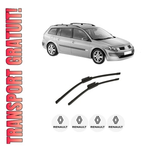 Set stergatoare auto RENAULT MEGANE II Estate (KM0/1_) din 2003-2011, pentru parbriz auto, 2 bucati, Bosch Aerotwin, din cauciuc siliconat rezistent, 4 Stickere Auto RENAULT