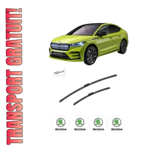 Set stergatoare auto SKODA ENYAQ iV Coupe (5AC) din 2021-2025, pentru parbriz auto, 2 bucati, Bosch Aerotwin, din cauciuc siliconat rezistent, 4 Stickere Auto SKODA