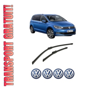 Set stergatoare auto Volkswagen TOURAN (5T1) din 2015-2022, pentru parbriz auto, 2 bucati, Bosch Aerotwin, din cauciuc siliconat rezistent, 4 Stickere Auto Volkswagen