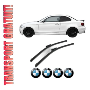Set stergatoare BMW Seria 1 Coupe (E82) din 2007-2013, pentru parbriz auto, 2 bucati, Bosch Aerotwin, din cauciuc siliconat rezistent, 4 Stickere Auto BMW Seria