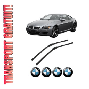 Set stergatoare BMW Seria 6 (E63) din 2003-2010, pentru parbriz auto, 2 bucati, Bosch Aerotwin, din cauciuc siliconat rezistent, 4 Stickere Auto BMW Seria