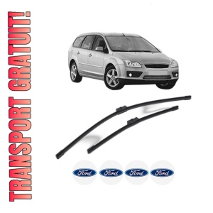 Set stergatoare FORD FOCUS II Turnier (DA_, FFS, DS) din 2004-2012, pentru parbriz auto, 2 bucati, Bosch Aerotwin, din cauciuc siliconat rezistent, 4 Stickere Auto FORD
