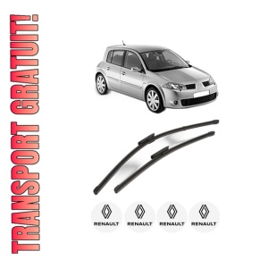 Set stergatoare RENAULT MEGANE II (BM0/1_, CM0/1_) din 2002-2011, pentru parbriz auto, 2 bucati, Valeo Silencio Xtrm, din cauciuc siliconat rezistent, 4 Stickere Auto RENAULT
