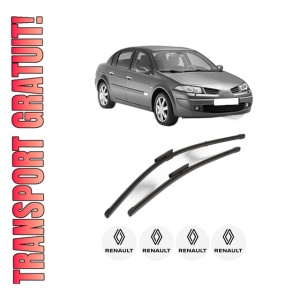 Set stergatoare RENAULT MEGANE II Saloon (LM0/1_) din 2003-2010, pentru parbriz auto, 2 bucati, Valeo Silencio Xtrm, din cauciuc siliconat rezistent, 4 Stickere Auto RENAULT