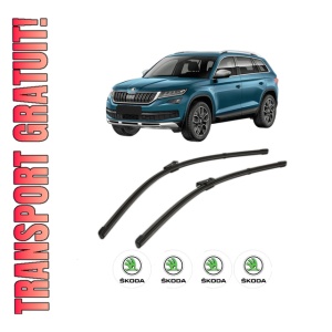 Set stergatoare SKODA KODIAQ I (NS6, NS7, NV7) din 2016-2021, pentru parbriz auto, 2 bucati, Valeo Silencio, din cauciuc siliconat rezistent, 4 Stickere Auto SKODA