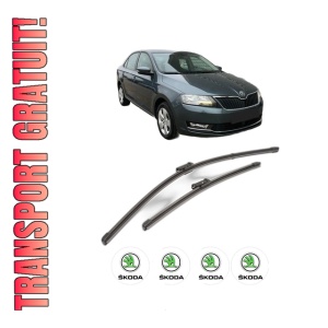 Set stergatoare SKODA RAPID (NH3, NK3, NK6) din 2012-2022, pentru parbriz auto, 2 bucati, Valeo Silencio Xtrm, din cauciuc siliconat rezistent, 4 Stickere Auto SKODA