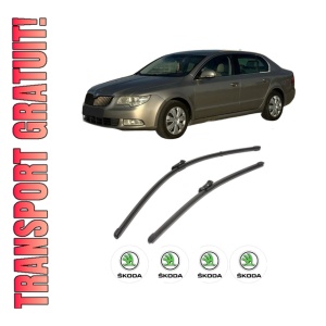 Set stergatoare SKODA SUPERB II Estate (3T5) din 2009-2015, pentru parbriz auto, 2 bucati, Valeo Silencio Xtrm, din cauciuc siliconat rezistent, 4 Stickere Auto SKODA