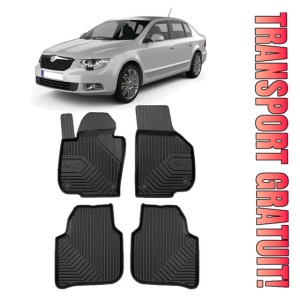 Skoda Superb II Din 06.2008 - 04.2015, Sedan , Set Covorase Auto Tip Tavita Premium 3D, din cauciuc